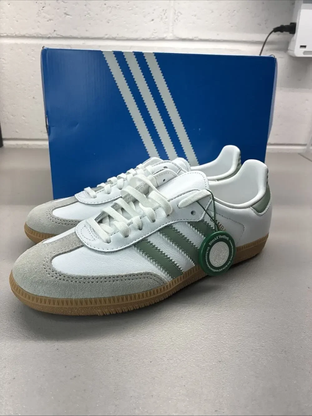 New adidas Samba OG J White Silver Green JP5479 Youth Size 5 With Box